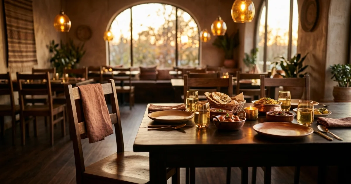 A warm, candlelit dinner table set for a group meal at an Indian restaurant — empty chair inviting you to sit down